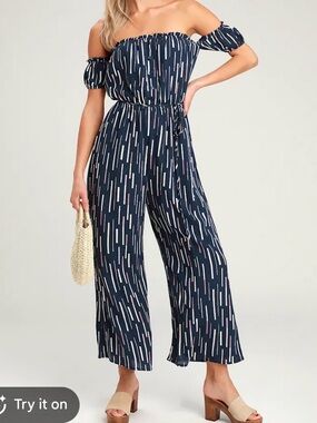 Lulus Navy Patterned Wide-Leg Jumpsuit
